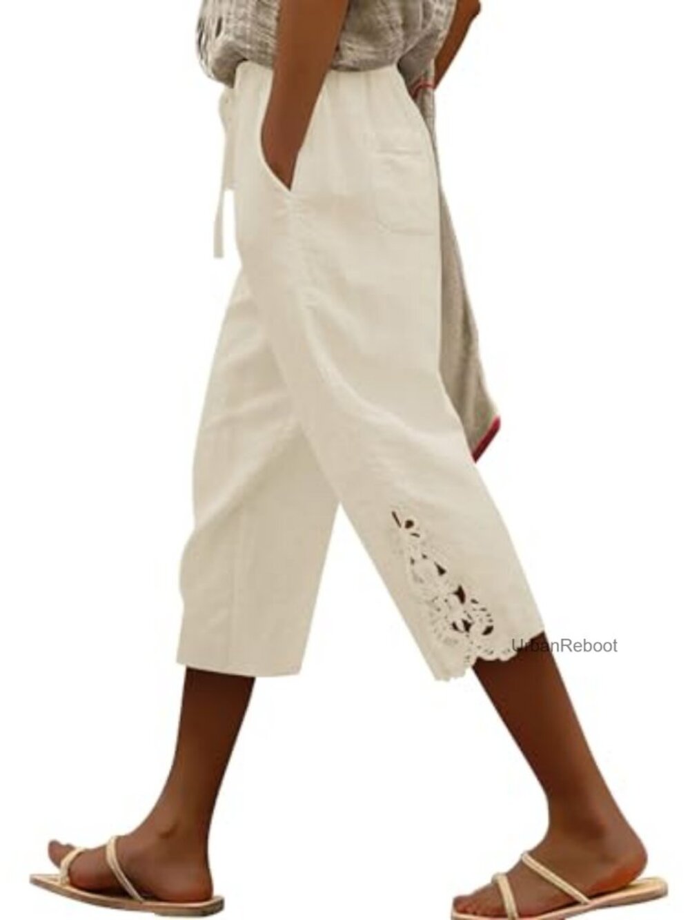 Women's Cotton Linen Capri Pants Drawstring Elastic Waist Casual Trousers With